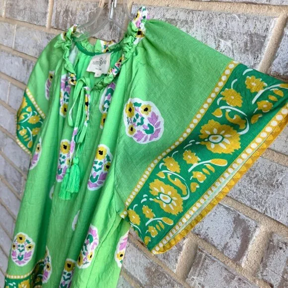 UMGEE Short Sleeve Ruffled Tie Neck Colorful Boho Blouse Women's Size S - Picture 6 of 7